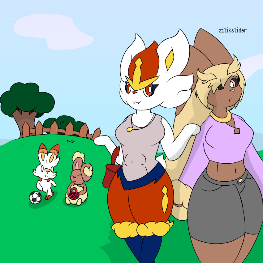 abs absurd_res anthro ball blonde_hair brown_body brown_fur buneary cinderace clothing easter female female/female fur generation_4_pokemon generation_8_pokemon group hair hi_res holidays lopunny male male/female midriff mother mother_and_child navel nintendo parent parent_and_child pokemon pokemon_(species) purse red_hair scorbunny shirt soccer_ball tank_top topwear white_body white_fur zilikslider