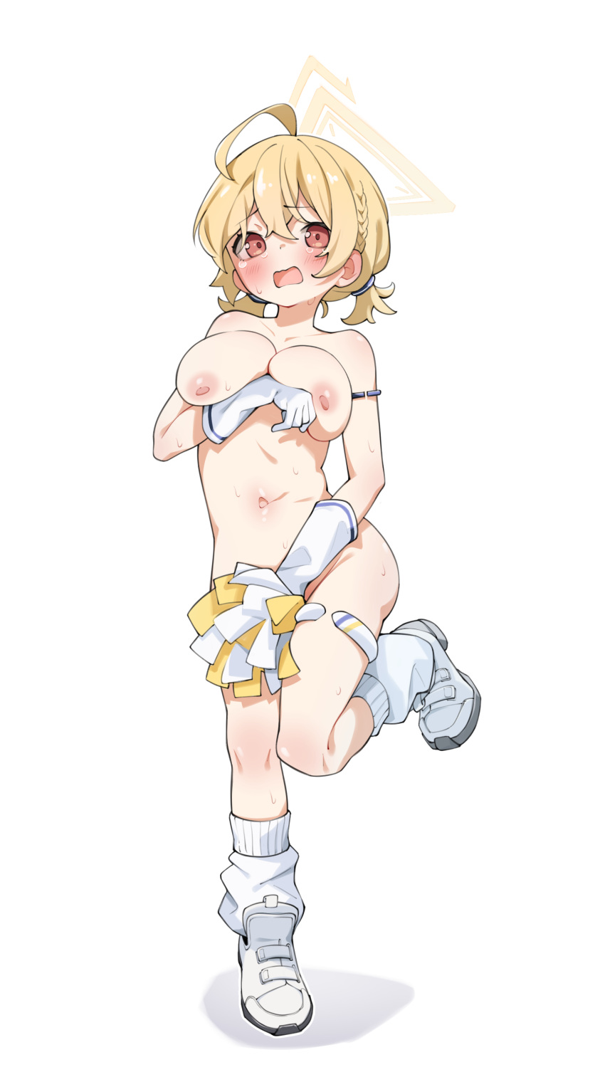 1girl absurdres ahoge arm_under_breasts blonde_hair blue_archive blush braid breast_hold breasts cheerleader commentary_request covering covering_crotch gloves halo highres holding holding_pom_poms kotori_(blue_archive) kotori_(cheer_squad)_(blue_archive) large_breasts looking_at_viewer loose_socks navel nipples nude official_alternate_costume open_mouth pom_pom_(cheerleading) rarigo red_eyes shoes short_hair simple_background socks solo standing standing_on_one_leg stomach sweat thigh_strap twintails white_background white_footwear
