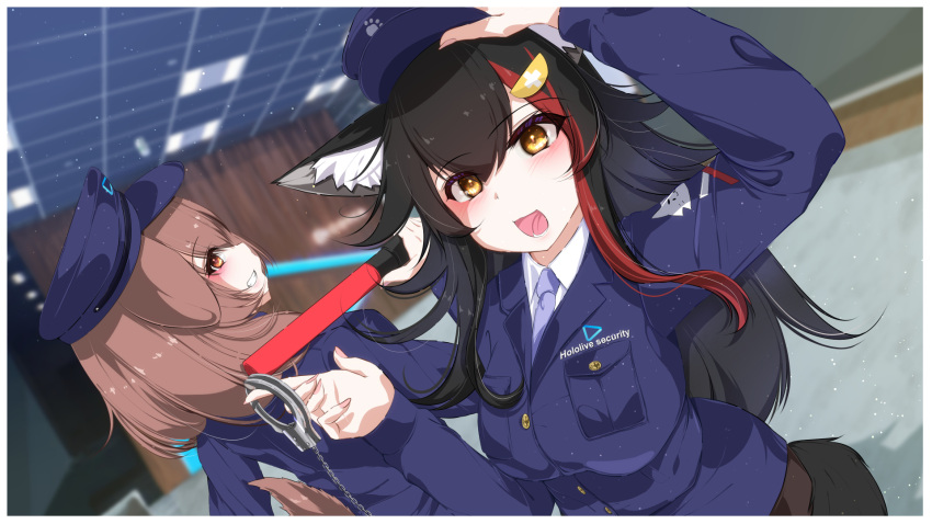 2girls animal_ear_fluff animal_ears black_hair blush brown_eyes brown_hair cuffs dog_ears dog_girl dog_tail hair_ornament hairpin handcuffs highres hiro_(phese) holding holding_handcuffs hololive inugami_korone long_hair looking_at_viewer medium_hair multicolored_hair multiple_girls ookami_mio open_mouth red_hair security_guard smile streaked_hair tail tail_around_own_leg virtual_youtuber wolf_ears wolf_girl wolf_tail yellow_eyes