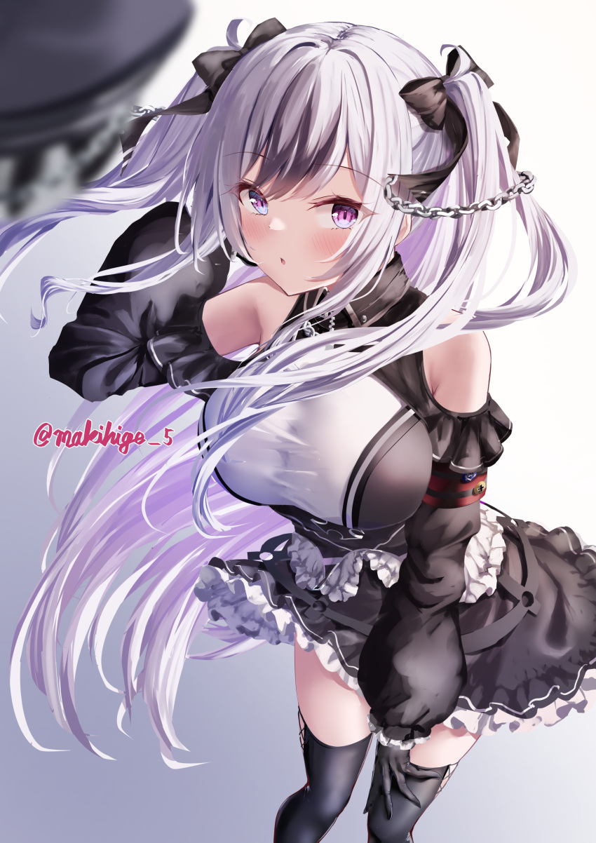 1girl absurdres armband azur_lane black_corset black_dress black_gloves black_headwear breasts clothing_cutout commentary_request corset cowboy_shot cross dress elbe_(azur_lane) frilled_dress frills gloves grey_background hair_ribbon hat highres iron_cross large_breasts layered_dress leotard long_hair looking_at_viewer makihige multicolored_hair open_mouth partial_commentary peaked_cap purple_eyes red_armband ribbon shoulder_cutout solo streaked_hair thighhighs underboob_cutout unworn_hat unworn_headwear very_long_hair white_hair white_leotard