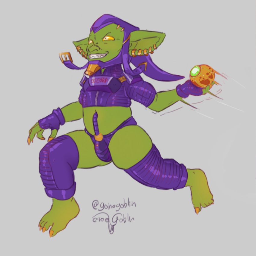 belly big_ears bomb bulge claws clothing crop_top ear_piercing explosives feet goblin gone_goblin green_goblin humanoid humor latex_legwear male nails navel piercing sharp_claws sharp_nails sharp_teeth shirt solo teeth thick_thighs topwear