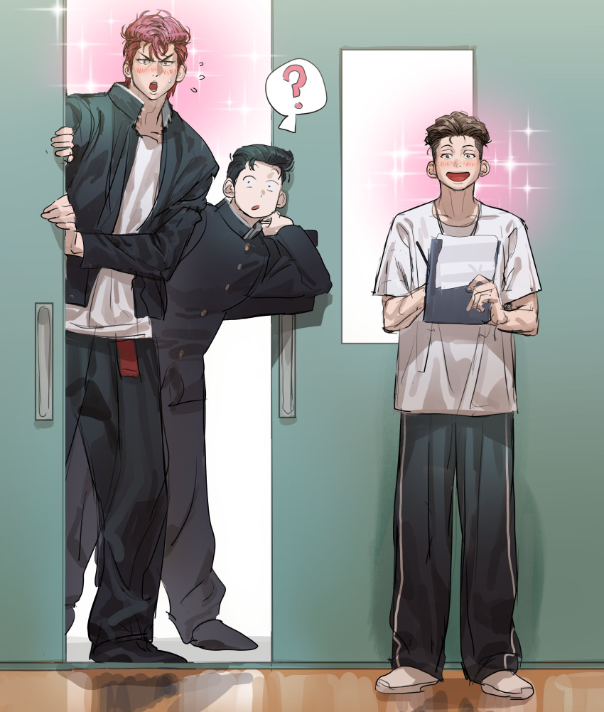 1boy :d ? absurdres bag bishounen black_eyes black_hair black_pants blush brown_eyes brown_hair chamuring clipboard flying_sweatdrops gakuran happy highres holding holding_bag holding_clipboard indoors jacket looking_at_another male_focus mito_youhei miyagi_ryouta open_clothes open_jacket open_mouth pants pompadour red_hair sakuragi_hanamichi school_bag school_uniform shirt slam_dunk_(series) smile solo sparkle toned toned_male track_pants undercut wavy_hair white_shirt