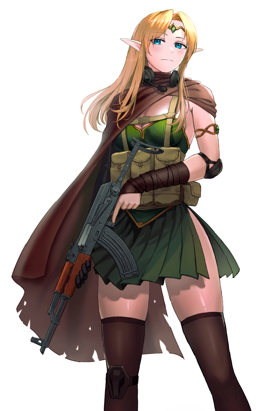 1girl armlet assault_rifle black_gloves black_thighhighs blonde_hair blue_eyes breasts brown_capelet cape capelet closed_mouth commentary cowboy_shot dress elbow_pads elf english_commentary fantasy frown gloves green_dress gun half-closed_eyes half_gloves harness headphones headphones_around_neck headset highres holding holding_gun holding_weapon knee_pads long_hair looking_at_viewer medium_breasts original pencil_pusher pleated_dress pointy_ears rifle short_dress side_slit simple_background solo standing thighhighs tiara torn_cape torn_clothes trigger_discipline weapon white_background