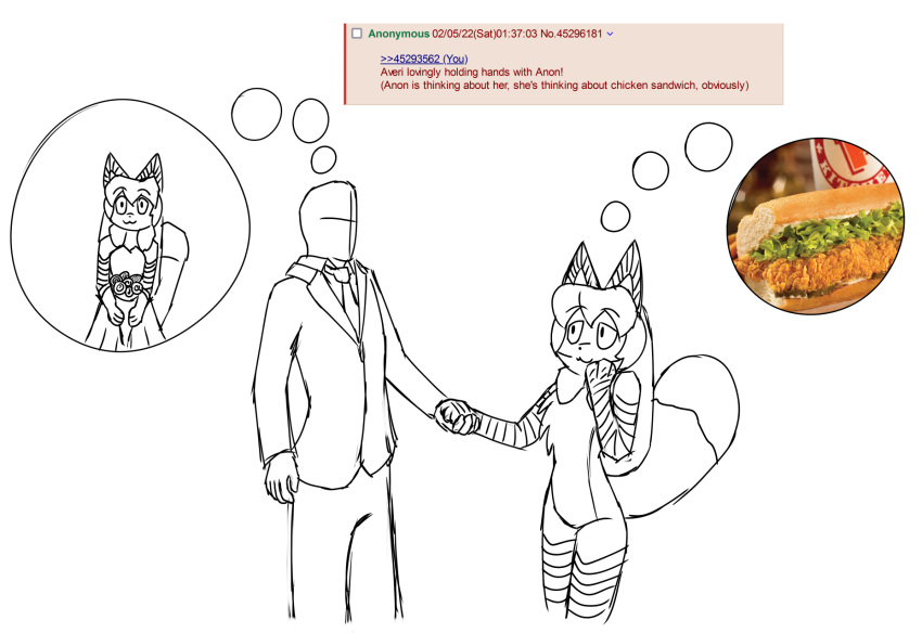4chan anon anthro averi_(fiddleafox) canid canine clothing dipstick_tail duo english_text female female_anthro food fox fur gloves_(marking) hair hand_holding hi_res human leg_markings male male/female mammal markings monochrome socks_(marking) tail tail_markings text thought_bubble unknown_artist