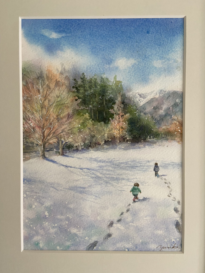 2boys bare_tree blue_sky cloud cloudy_sky day footprints forest highres mountainous_horizon multiple_boys nature ooy33151086 original painting_(medium) photo_(medium) picture_frame shadow signature sky snow traditional_media tree tree_shade watercolor_(medium)