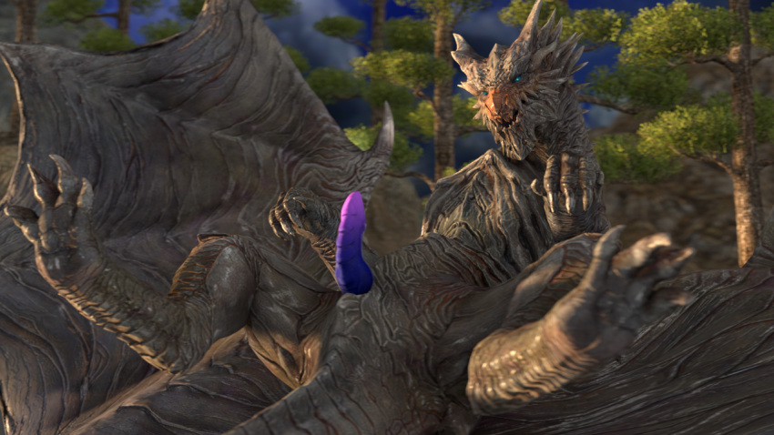 3d_(artwork) blue_eyes capcom claws digital_media_(artwork) dragon elder_dragon erection feet feral forest forest_background genitals horn kushala_daora laid_back male membrane_(anatomy) membranous_wings metallic_body monster monster_hunter nature nature_background nude pawpads penis plant presenting presenting_penis purple_penis quadruped scales scalie solo source_filmmaker toe_claws toes tree weekyle western_dragon wings