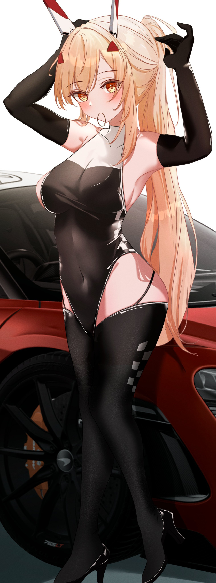 1girl absurdres arms_up ayanami_(azur_lane) azur_lane black_thighhighs breasts car covered_navel elbow_gloves gloves hair_tie_in_mouth headgear high_heels highres long_hair motor_vehicle mouth_hold ponytail race_queen race_vehicle sideboob thighhighs tying_hair vayneeeee
