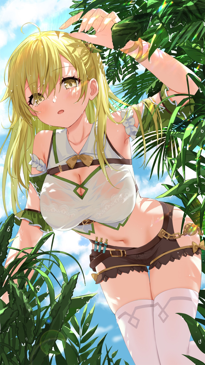 1girl absurdres ahoge arm_garter arm_up armpits bare_shoulders belt bent_over blonde_hair breasts brown_shorts cleavage cleavage_cutout clothing_cutout collared_shirt crop_top day detached_sleeves devil_heavens fang highres hip_vent large_breasts long_hair looking_at_viewer midriff navel open_mouth original outdoors see-through shirt short_shorts shorts sleeveless sleeveless_shirt solo stomach sunlight test_tube thighhighs thighs wet wet_clothes wet_shirt white_shirt white_thighhighs yellow_eyes