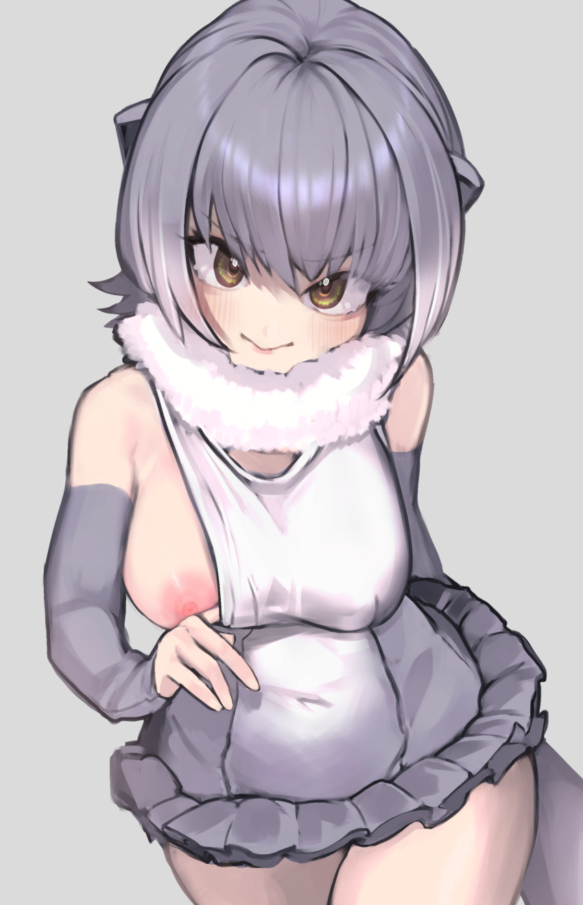 &gt;:) 1girl a888_n22 animal_ears bare_shoulders blush breasts closed_mouth clothes_pull covered_navel covered_nipples cowboy_shot elbow_gloves fingerless_gloves flashing frills fur_collar gloves grey_gloves grey_hair head_tilt highres kemono_friends looking_at_viewer medium_breasts medium_hair multicolored_hair nipples one-piece_swimsuit one-piece_swimsuit_pull one_breast_out otter_ears otter_girl otter_tail pulled_by_self small-clawed_otter_(kemono_friends) smile solo swimsuit tail teasing two-tone_hair v-shaped_eyebrows white_hair yellow_eyes