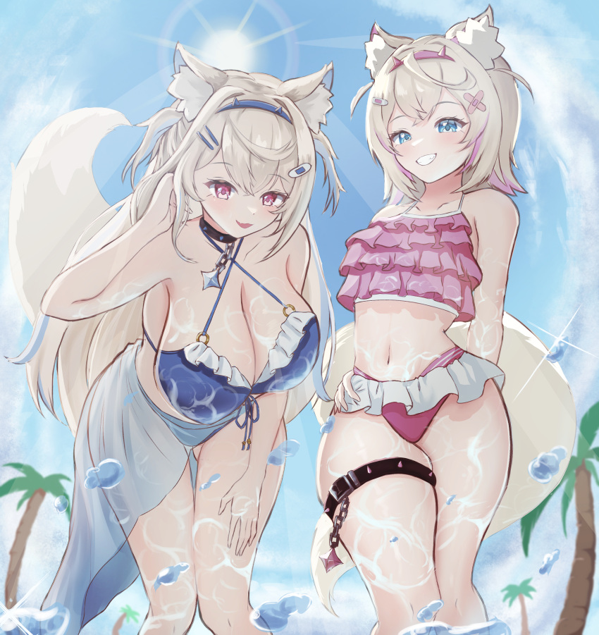 2girls absurdres animal_collar animal_ear_fluff animal_ears artist_request beach belt belt_collar bikini black_collar blonde_hair blue_bikini blue_brooch blue_eyes blue_hair breasts cleavage collar collarbone colored_inner_animal_ears crystal_horn dog_ears dog_girl dog_tail frilled_bikini frills fuwawa_abyssgard hair_between_eyes hair_ornament hairband hairpin hand_in_own_hair headband highres hololive hololive_english large_breasts long_hair looking_at_viewer midriff mococo_abyssgard multicolored_hair multiple_girls navel open_mouth outdoors palm_leaf palm_tree palms pink_belt pink_brooch pink_eyes pink_hair pink_hairband pink_headband sarong short_hair siblings sisters spiked_collar spikes streaked_hair sun swimsuit tail thigh_belt thigh_strap thighs tree twins virtual_youtuber water x_hair_ornament