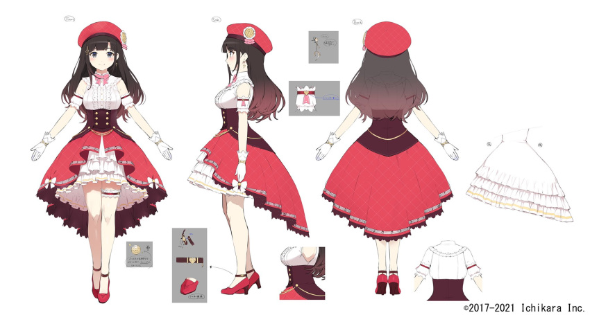 1girl beret black_corset black_hair bow bowtie breasts buttons closed_mouth copyright_name corset double-breasted dress frilled_dress frills full_body gloves grey_eyes hat high_heels highres long_hair medium_breasts multiple_views nezumidoshi nijisanji official_art pink_bow pink_bowtie red_dress red_footwear red_headwear reference_sheet second-party_source simple_background sleeveless smile suzuka_utako suzuka_utako_(9th_costume) tachi-e thigh_strap virtual_youtuber white_background white_bow white_dress white_gloves