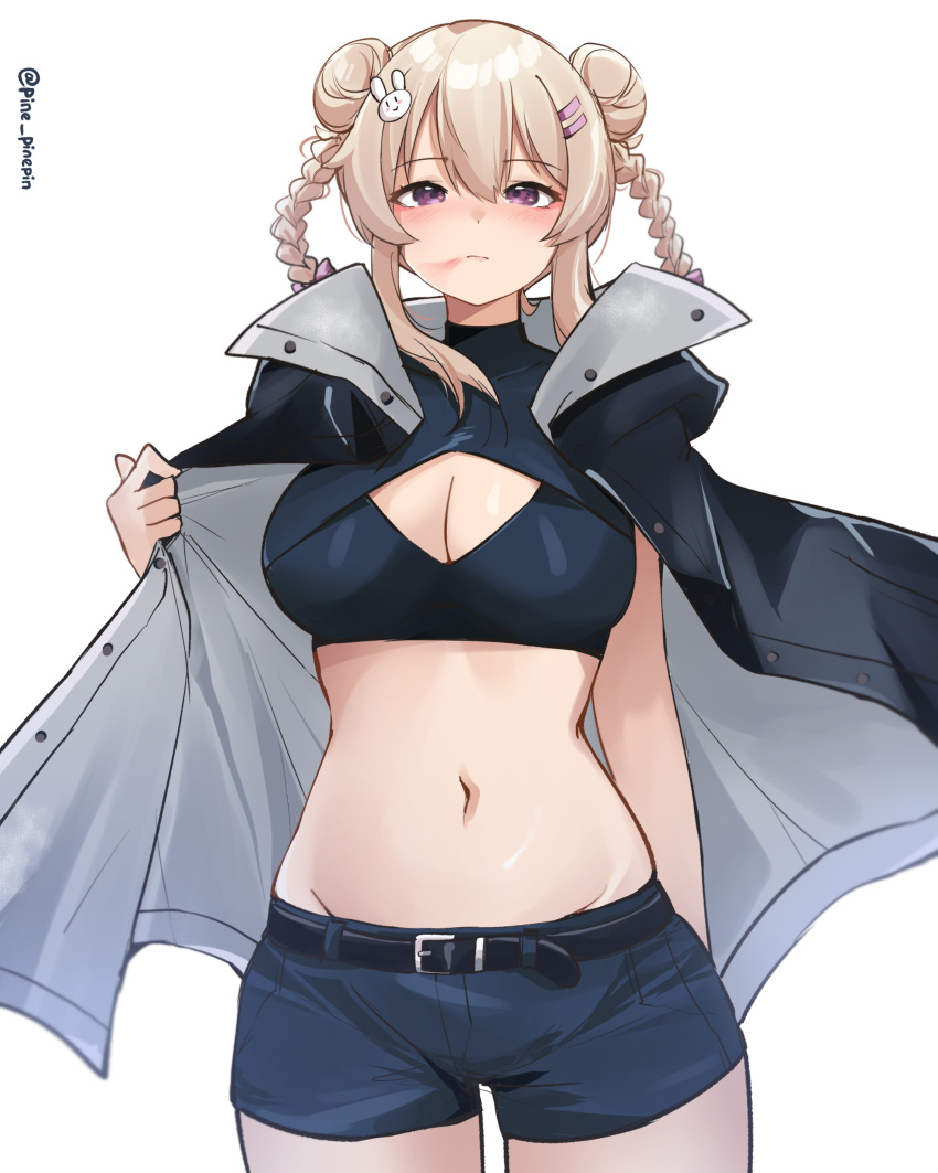 1girl absurdres belt black_belt black_cape black_shirt black_shorts blonde_hair braid breasts cape cleavage cleavage_cutout clothing_cutout commentary cosplay cowboy_shot crop_top double_bun hair_between_eyes hair_bun hair_ornament hairclip highres looking_at_viewer midriff nanakusa_nazuna_(yofukashi_no_uta) nanakusa_nazuna_(yofukashi_no_uta)_(cosplay) navel original pinnn purple_eyes rabbit_hair_ornament rara_(pinnn) shirt short_shorts shorts simple_background solo standing stomach twin_braids twintails white_background yofukashi_no_uta