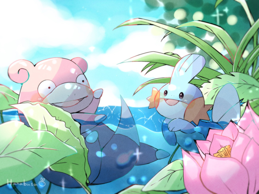 afloat animal_focus blue_skin blue_sky blurry blurry_background cloud colored_skin commentary_request flower hanabusaoekaki highres horizon leaf lotus mudkip no_humans open_mouth partially_submerged pokemon pokemon_(creature) sky slowpoke smile solid_oval_eyes water