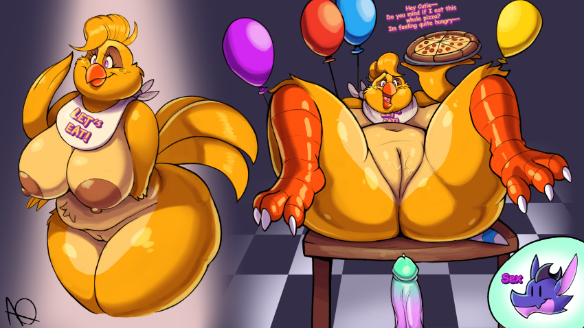 absurd_res alfa_quinto_(artist) alfa_quinto_(character) anthro areola avian balloon beak belly big_belly big_breasts big_butt bird breasts brown_areola brown_nipples butt chica_(fnaf) chicken chubby_anthro chubby_belly chubby_cheeks chubby_female clothing dialogue digital_media_(artwork) dragon duo english_text feathered_wings feathers female five_nights_at_freddy's food furniture galliform gallus_(genus) genitals hair hi_res huge_breasts humanoid_genitalia humanoid_penis imminent_sex imminent_snu_snu inflatable looking_at_viewer male male/female navel nipples nude open_mouth overweight overweight_anthro overweight_female penis phasianid pink_eyes pizza pussy scott_cawthon scottgames simple_background slightly_chubby smile solo table tail text text_on_clothing text_on_topwear thick_thighs topwear wide_hips widescreen wings yellow_body yellow_feathers
