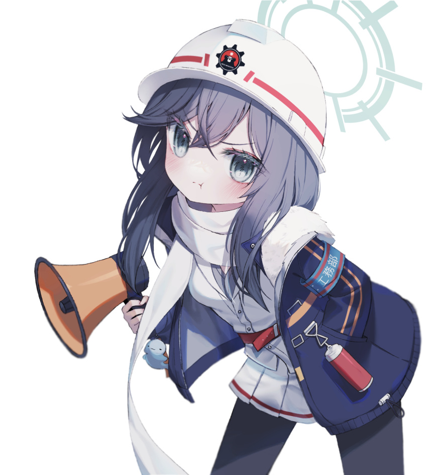 1girl black_pantyhose blue_archive green_eyes grey_hair halo hardhat helmet highres holding holding_megaphone looking_at_viewer mangi5000 megaphone minori_(blue_archive) pantyhose simple_background skirt solo white_background white_helmet white_skirt