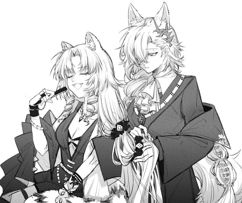 2girls animal_ears arknights ascot breasts cang_canggg censored cleavage closed_eyes coat dress drill_hair drill_sidelocks fang folded_fan folding_fan greyscale hair_between_eyes hair_ornament hair_over_one_eye hand_fan highres holding holding_fan layered_sleeves long_hair long_sleeves mole mole_above_mouth monochrome multiple_girls off_shoulder official_alternate_costume open_clothes open_coat open_mouth penance_(arknights) sidelocks simple_background small_breasts swire_(arknights) swire_the_elegant_wit_(arknights) tail tiger_ears tiger_girl tiger_tail tying_another's_hair very_long_hair white_background wolf_ears wolf_girl wolf_tail