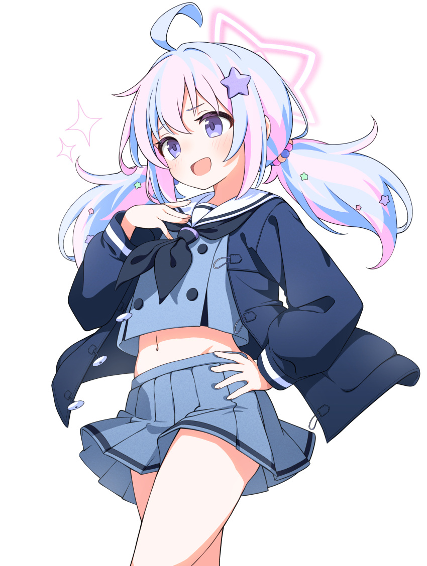 1girl :d absurdres acalephea ahoge black_neckerchief blue_archive blue_coat blue_hair blush coat commentary_request cropped_shirt duffel_coat grey_serafuku hair_between_eyes halo hand_on_own_hip highres light_blue_hair long_hair long_sleeves looking_ahead looking_at_viewer low_twintails midriff miniskirt multicolored_hair navel neckerchief pink_hair pleated_skirt reisa_(blue_archive) revision school_uniform serafuku sidelocks simple_background skirt smile solo sparkle streaked_hair twintails white_background
