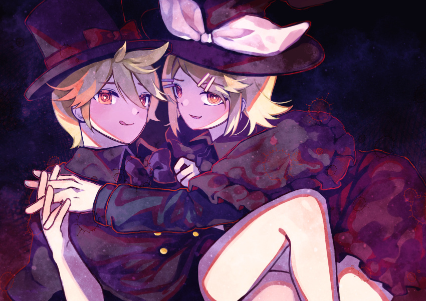 1boy 1girl :p absurdres alternate_eye_color beekan black_capelet black_dress blonde_hair bow capelet dress frilled_dress frills hair_between_eyes hair_ornament hairclip hat highres interlocked_fingers kagamine_len kagamine_rin looking_at_viewer orange_eyes ribbon ringed_eyes short_hair shorts smile tongue tongue_out top_hat trick_and_treat_(vocaloid) vocaloid witch_hat