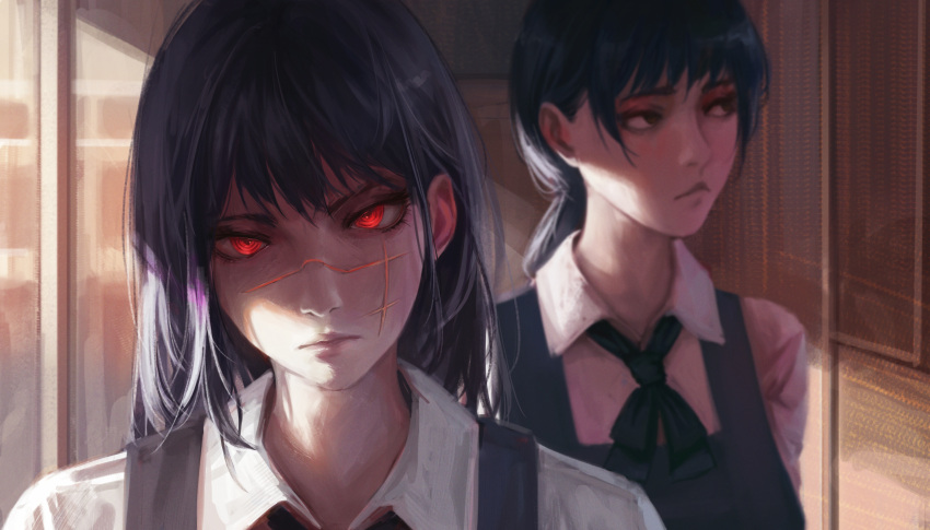 2girls absurdres black_hair black_ribbon chainsaw_man cross_scar dress fourth_east_high_school_uniform highres long_hair looking_at_viewer looking_to_the_side low_twintails luxearte mitaka_asa multiple_girls neck_ribbon pinafore_dress red_eyes ribbon ringed_eyes scar scar_on_cheek scar_on_face school_uniform sleeveless sleeveless_dress twintails yoru_(chainsaw_man)