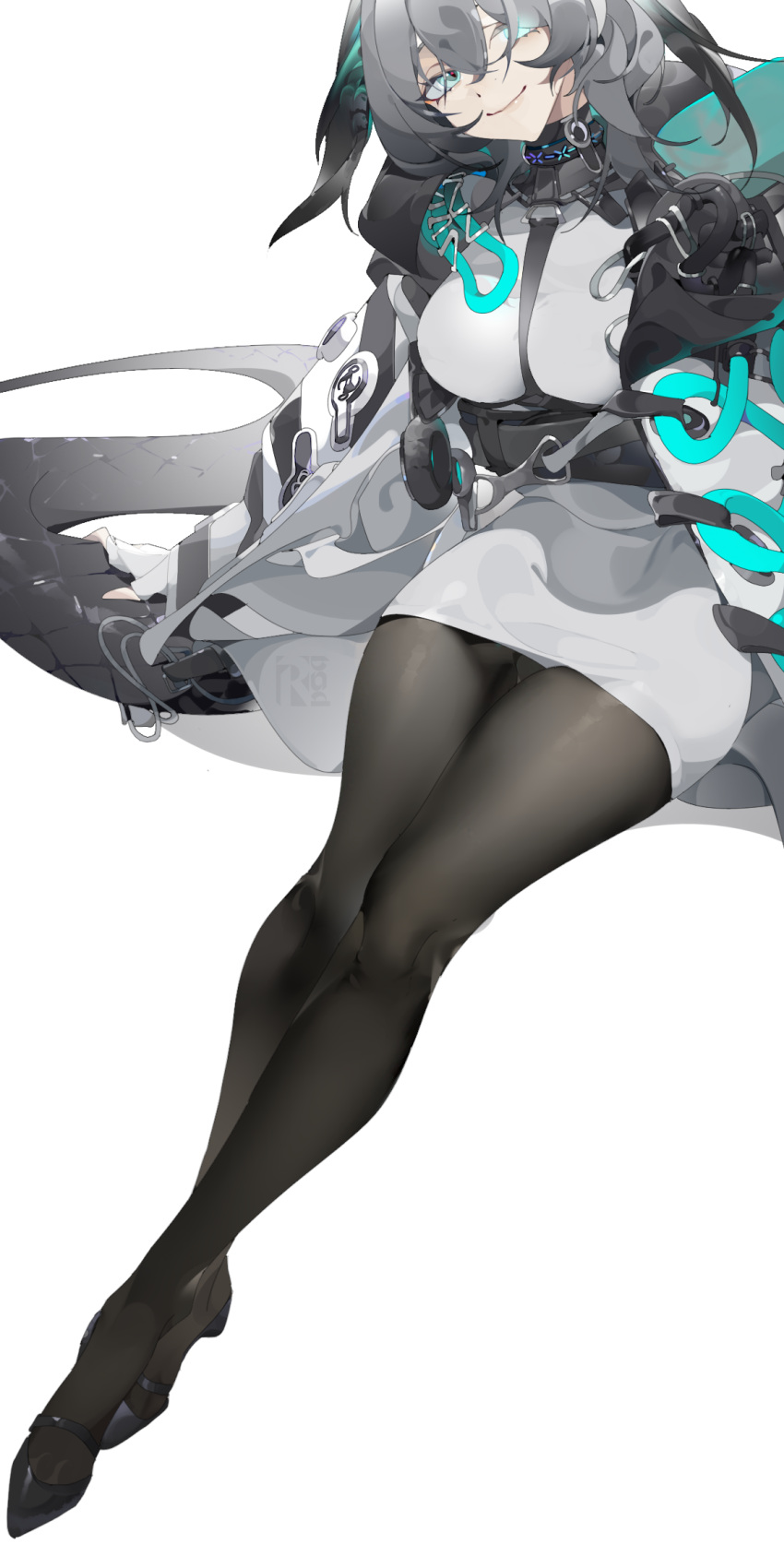 1girl aqua_eyes aqua_wings arknights between_breasts black_footwear black_pantyhose breasts coat dress feathered_wings fingerless_gloves full_body gloves grey_hair hair_between_eyes head_wings high_heels highres ho'olheyak_(arknights) holding holding_own_tail infection_monitor_(arknights) large_breasts long_coat long_sleeves looking_at_viewer open_clothes open_coat pantyhose rai_(97417) scales short_hair sidelocks sitting smile snake_tail solo strap_between_breasts tail white_background white_dress white_gloves wings
