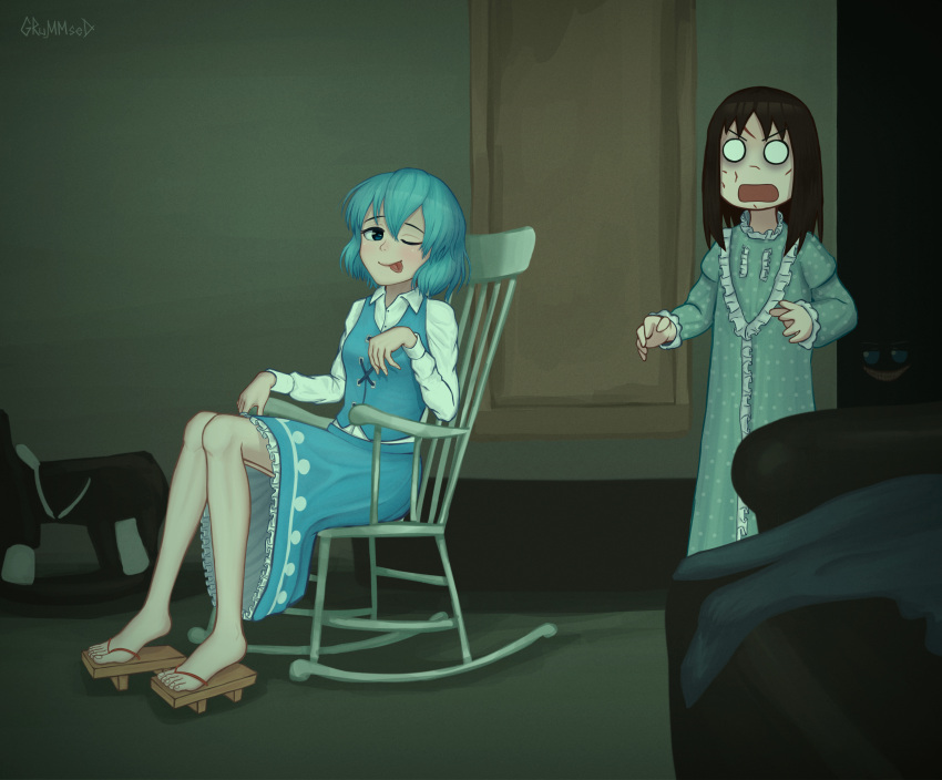 2girls ;p absurdres aqua_hair azumanga_daioh blue_eyes blue_skirt blue_vest chair collared_shirt cosplay frilled_nightgown grummsed highres kasuga_ayumu multiple_girls nightgown on_chair one_eye_closed regan_macneil regan_macneil_(cosplay) rocking_chair screamer shirt sitting skirt tatara_kogasa the_exorcist tongue tongue_out touhou vest white_shirt