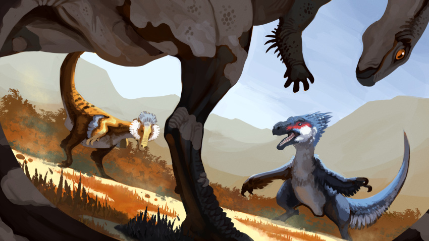 16:9 animal_genitalia cloaca dinosaur dromaeosaurid dryosaurid dryosaurus genitals hi_res hunting iguanodontid ornithischian raptors reptile scalie stygimoloch_(artist) theropod widescreen