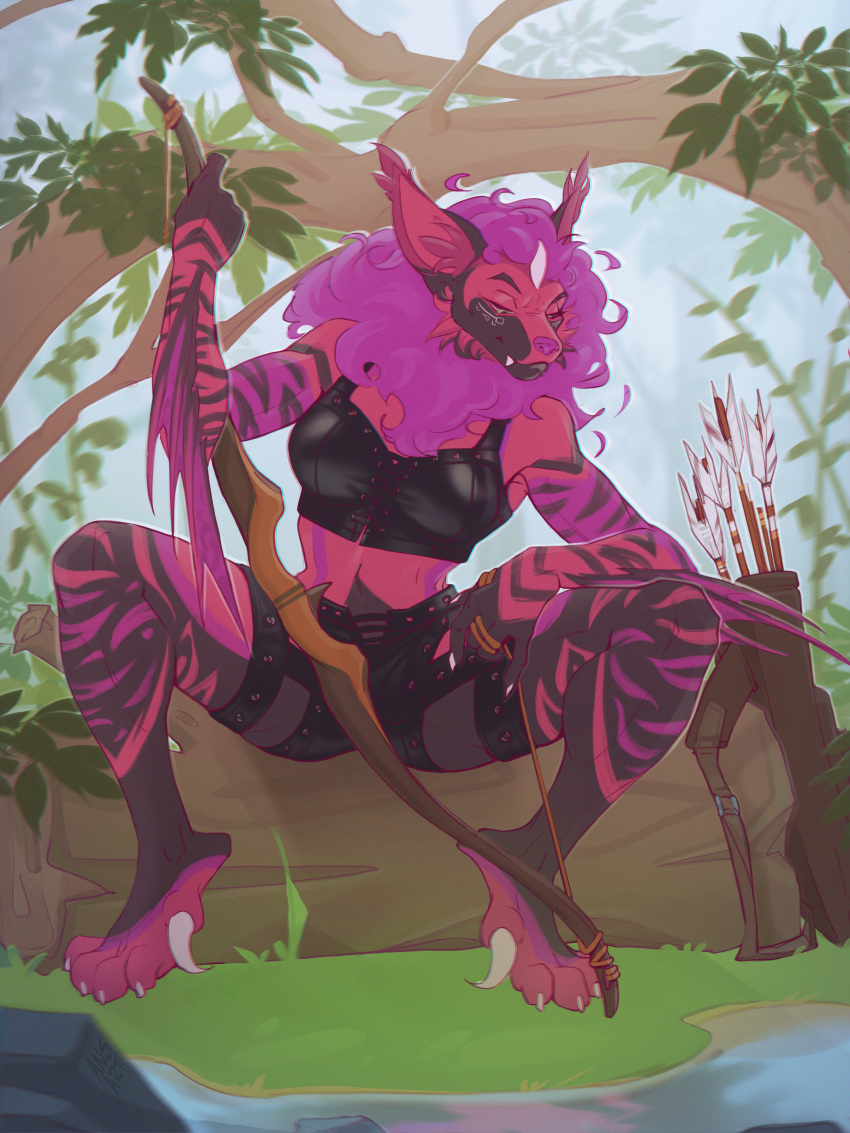 absurd_res ansart anthro arrow_(weapon) athletic athletic_female bat bow_(weapon) clothing detailed_background fangs female hair hi_res inner_ear_fluff leather leather_clothing leather_topwear mammal neck_tuft purple_body purple_hair ranged_weapon solo striped_body stripes teeth topwear tuft tufted_ears weapon