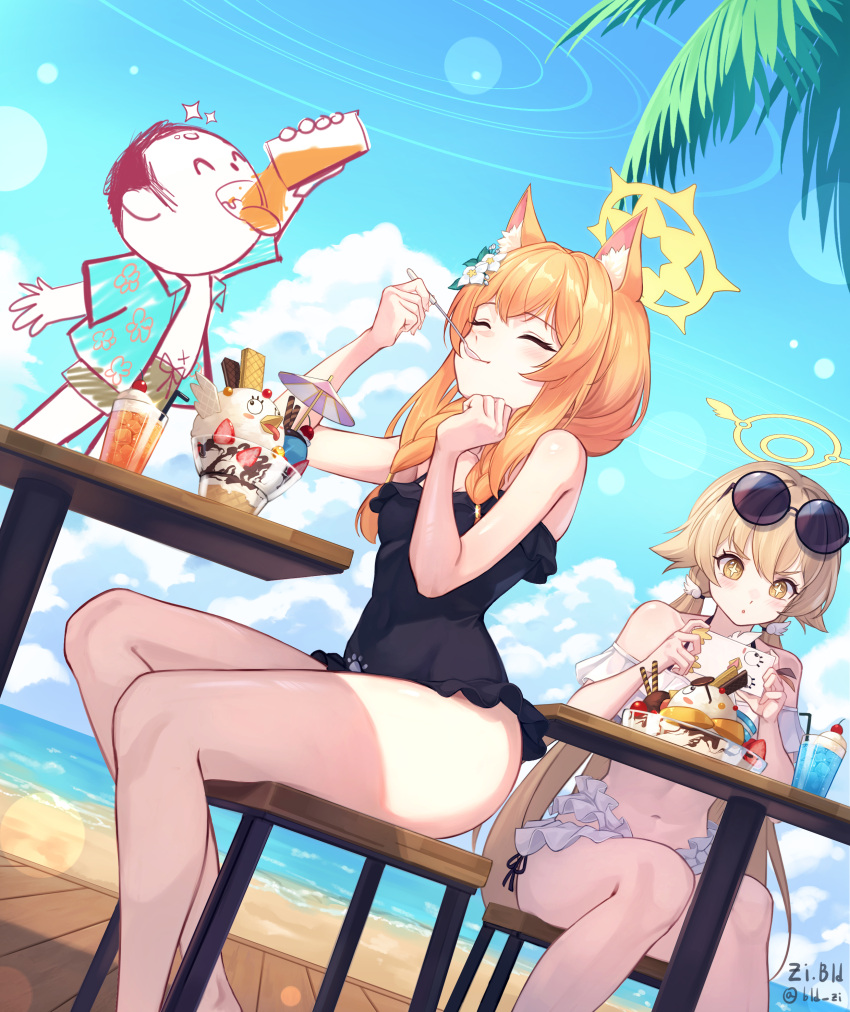 1boy 2girls absurdres alternate_costume animal_ear_fluff animal_ears arona's_sensei_doodle_(blue_archive) artist_name beach bikini black_one-piece_swimsuit bld_zi blonde_hair blue_archive blush cellphone chair closed_eyes closed_mouth cloud drinking eating eyewear_on_head flower food fox_ears frilled_bikini frilled_one-piece_swimsuit frills hair_flower hair_ornament hairpin halo hifumi_(blue_archive) hifumi_(swimsuit)_(blue_archive) highres holding holding_phone holding_spoon ice ice_cream juice light_blush long_hair multiple_girls ocean official_alternate_costume on_table one-piece_swimsuit open_mouth orange_hair orange_juice palm_tree parfait peroro_(blue_archive) phone sand sensei_(blue_archive) sitting smartphone smartphone_case spoon sunglasses sunlight swimsuit table taking_picture tongue tongue_out tree twintails very_long_hair white_bikini white_flower