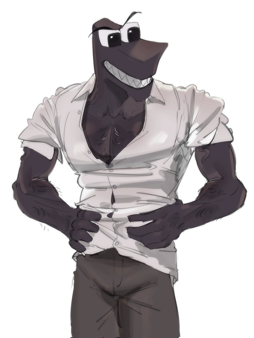 alphabet_(mike_salcedo) animate_inanimate arm_hair body_hair bottomwear chest_hair clothed clothing dress_shirt f_(mike_salcedo) fully_clothed hands_on_hips hi_res humanoid kogito male muscular muscular_male pants sharp_teeth shirt snout solo teeth tight_clothing topwear
