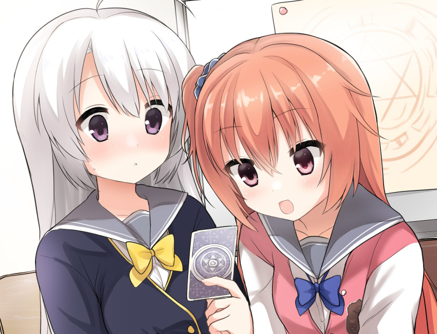 2girls :d ahoge ayachi_nene black_jacket blue_bow blue_scrunchie blush bow card commentary eyelashes friends grey_hair grey_sailor_collar hair_between_eyes hair_ornament hair_scrunchie highres holding holding_card inaba_meguru indoors jacket leaning_forward long_hair looking_at_another looking_at_object multiple_girls nose_blush one_side_up open_mouth orange_hair parted_lips pink_jacket purple_eyes red_eyes sailor_collar sanoba_witch school_uniform scrunchie side-by-side smile straight_hair sweatdrop takepoison upper_body white_sleeves yellow_bow