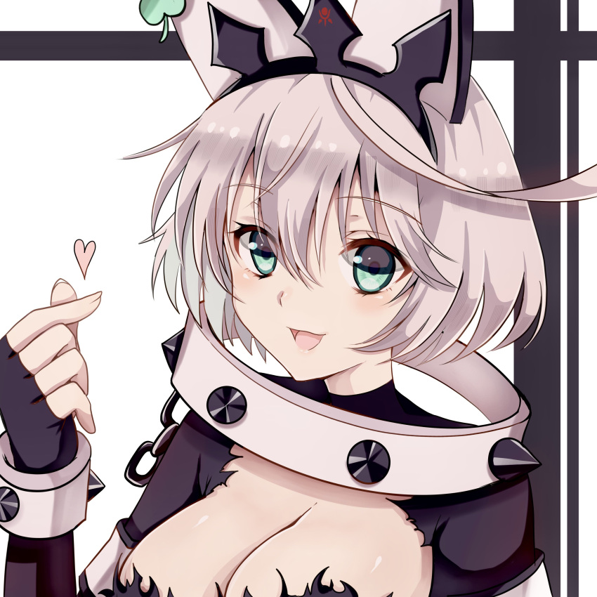 1girl absurdres ahoge aqua_eyes bracelet breasts cleavage_cutout clothing_cutout clover collar elphelt_valentine finger_heart four-leaf_clover guilty_gear guilty_gear_xrd hairband highres huge_ahoge jewelry kinoko5656 large_breasts long_sleeves looking_at_viewer medium_hair open_mouth smile spiked_bracelet spiked_collar spiked_hairband spikes white_hair
