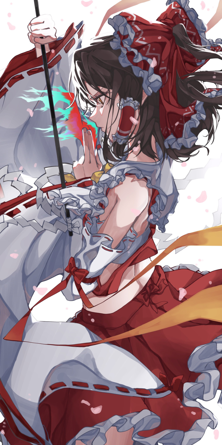 1girl absurdres arm_up bare_shoulders breasts brown_eyes brown_hair commentary_request detached_sleeves from_side gang_h gohei hakurei_reimu hand_up highres holding holding_stick looking_down midriff profile red_skirt red_vest simple_background skirt skirt_set small_breasts solo stick touhou vest white_background