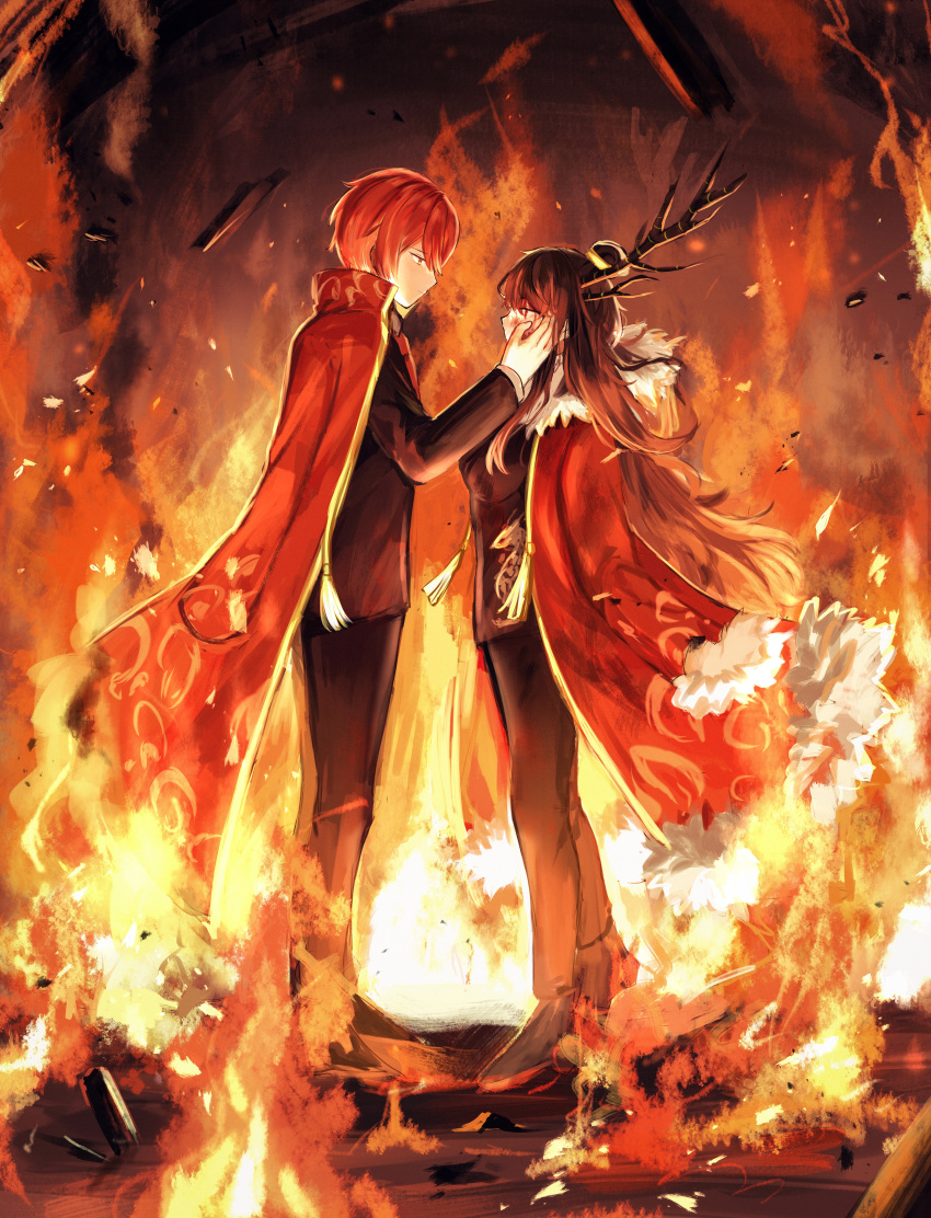 1boy 1girl absurdres black_jacket black_pants breasts brown_hair cape coat dragon_horns dragon_print fire fur-trimmed_coat fur_trim gold_trim hair_bun hand_on_another's_cheek hand_on_another's_face highres horns jacket library_of_ruina long_hair lowell_(library_of_ruina) medium_breasts necktie pants project_moon red_cape red_coat red_eyes red_hair red_necktie sidelocks tassel very_long_hair xiao_(library_of_ruina) y_o_u_k_a