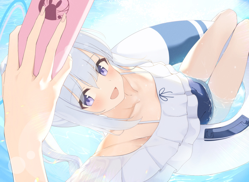 1girl absurdres armpits bare_shoulders blue_archive blue_hair blue_halo blue_one-piece_swimsuit blush casual_one-piece_swimsuit cellphone collarbone commentary_request foreshortening frilled_one-piece_swimsuit frills hair_between_eyes halo highres holding holding_phone innertube light_blue_hair long_hair looking_at_viewer miyako_(blue_archive) miyako_(swimsuit)_(blue_archive) official_alternate_costume official_alternate_hairstyle on_innertube one-piece_swimsuit open_mouth partial_commentary phone ponytail purple_eyes selfie sideways smartphone smile solo swimming swimsuit tomu_(tom_309k) white_innertube