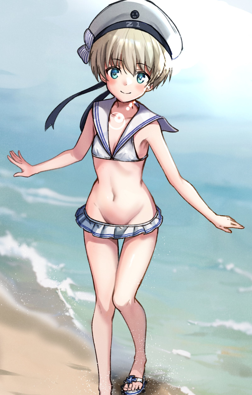 1girl absurdres beach bikini bikini_skirt commission eckert&amp;eich full_body green_eyes grey_hair groin hat highres kantai_collection lowleg lowleg_bikini navel sailor_bikini sailor_collar sailor_hat sandals short_hair skeb_commission solo swimsuit waves white_bikini white_headwear white_sailor_collar z1_leberecht_maass_(kancolle)