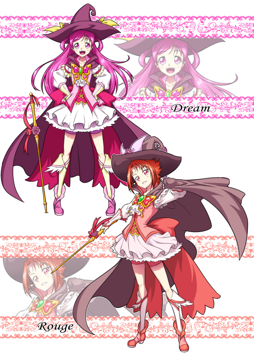 2girls :d absurdres adapted_costume alternate_costume bike_shorts bike_shorts_under_skirt blush boots brooch cape character_name commentary_request cure_dream cure_rouge dress earrings eyelashes happy hat highres jewelry large_hat long_hair long_sleeves magical_girl matatabi_(karukan222) multiple_girls natsuki_rin open_mouth pink_cape pink_eyes pink_footwear pink_hair precure puffy_long_sleeves puffy_sleeves red_eyes red_footwear red_hair short_hair shorts shorts_under_skirt skirt smile staff standing vest wand witch witch_hat yes!_precure_5 yes!_precure_5_gogo! yumehara_nozomi