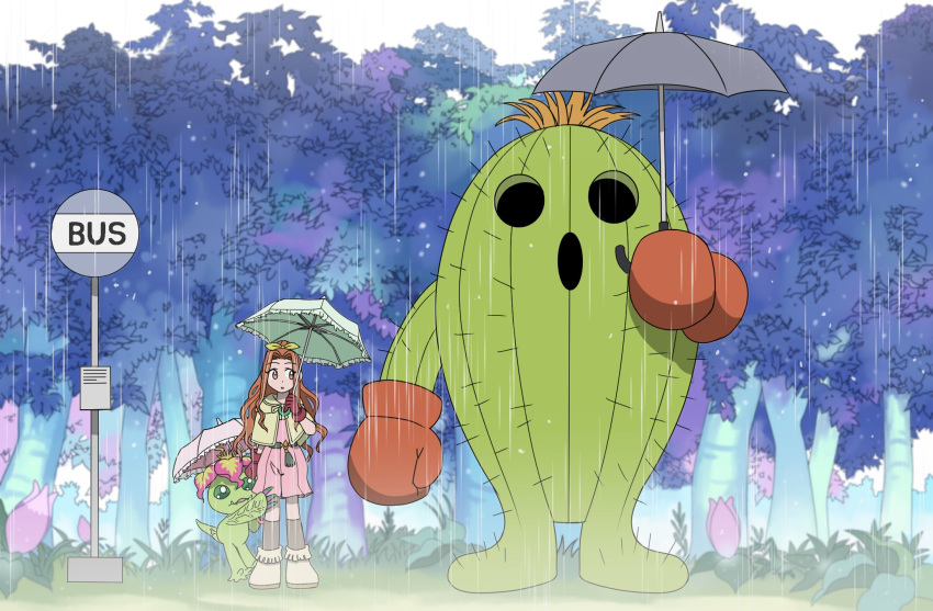 boxing_gloves brown_eyes brown_hair bus_stop commentary_request digimon digimon_(creature) digimon_adventure gloves grass green_eyes highres korean_commentary outdoors palmon rain red_gloves roseepdl2 tachikawa_mimi togemon tonari_no_totoro totoro_bus_stop tree white_footwear