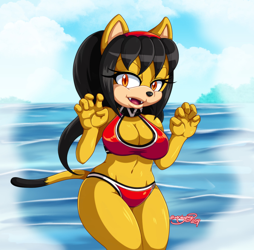 2019 anthro bikini black_hair breasts cleavage clothed clothing cloud day felid feline female hair hi_res honey_the_cat mammal mrdeepay sega solo sonic_the_fighters sonic_the_hedgehog_(series) swimwear water yellow_body