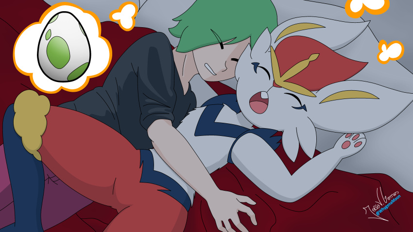 absurd_res anthro cinderace dream duo egg eyewear female generation_8_pokemon glasses green_hair hair hi_res human humanoid interspecies male mammal nintendo pokemon pokemon_(species) pokemon_egg pokephilia sleeping trainer whygenamoon