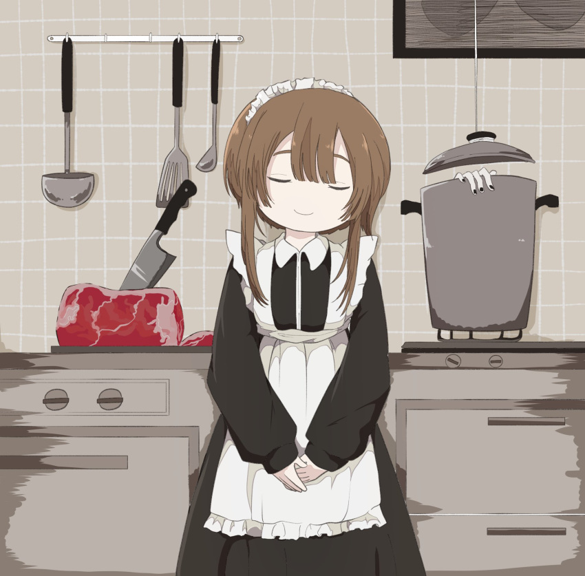 1girl apron ashi_izumo beef black_dress black_nails brown_hair closed_eyes closed_mouth commentary cooking_pot counter cowboy_shot double-parted_bangs dress facing_viewer food frilled_apron frills highres indoors kitchen kitchen_knife ladle long_sleeves maid maid_apron maid_headdress meat nail_polish original own_hands_together severed_hand severed_limb short_hair sleeping sleeping_upright smile solo spatula standing stove straight-on string tile_wall tiles v_arms white_apron