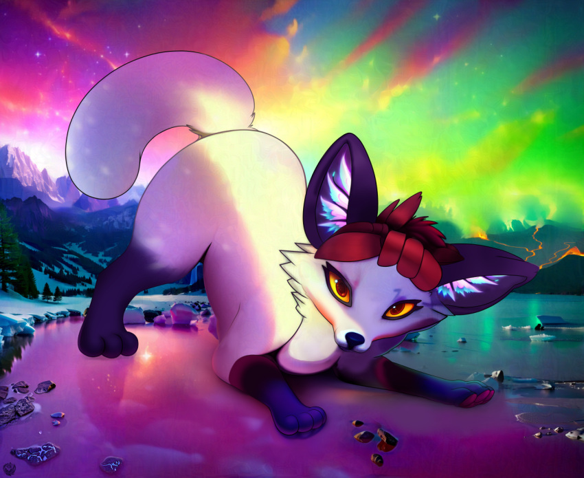 accessory ambiguous_gender ass_up atmospheric atmospheric_perspective bent_over blue_body blue_fur brown_eyes canid canine cast_shadow cel_shading chibi cloud cloudscape colorful cosmic_background detailed_background digital_media_(artwork) ear_tuft evergreen_tree feral foggy_background forest fox front_view froth fur fur_markings glacier glistening glistening_eyes grey_body grey_eyelashes grey_fur hair_accessory hair_ribbon high-angle_view hybrid inafox indigo_body indigo_fur invalid_tag landscape landscape_background landscape_painting lava lavafall leg_markings light light_body light_fur lighting looking_at_viewer lying makeup mammal markings melting mountain on_front painting painting_(artwork) paws pine_tree plant playful playing purple_ears quadruped raised_tail red_ribbon reflection ribbon_hair ribbons rock semi-anthro shaded shadow side_view signature sky smoke snow socks_(marking) solo solo_focus star steam stones stubby_legs tail tan_body traditional_media_(artwork) tree tuft volcanic_activity volcanic_ash volcanic_eruption volcano volcanoes warm_lighting water watermark white_body white_fur yellow_eyes