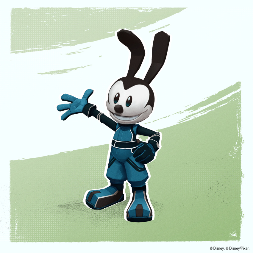 1:1 2023 4_fingers anthro biped black_and_white_body black_body black_nose border clothed clothing disney fingers fully_clothed grin hand_on_hip hi_res lagomorph leporid long_ears male mammal oswald_the_lucky_rabbit rabbit racing_suit smile solo standing teal_clothing unknown_artist white_body white_border