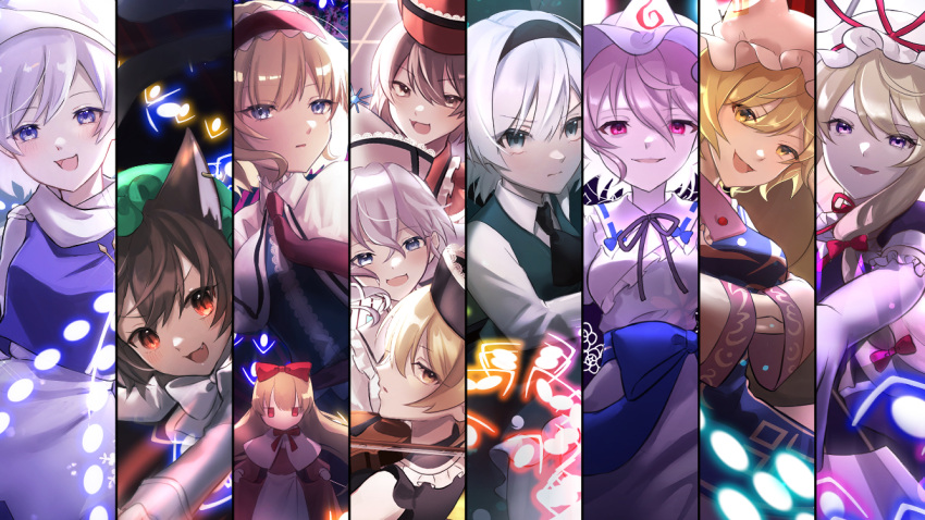 6+girls alice_margatroid blonde_hair blue_eyes brown_eyes brown_hair chen closed_mouth danmaku grey_hair hair_between_eyes hourai_doll konpaku_youmu letty_whiterock light_purple_hair long_hair lunasa_prismriver lyrica_prismriver merlin_prismriver multiple_girls open_mouth perfect_cherry_blossom pink_hair purple_eyes red_eyes rokuya_(68_zusao) saigyouji_yuyuko short_hair smile touhou white_hair yakumo_ran yakumo_yukari yellow_eyes