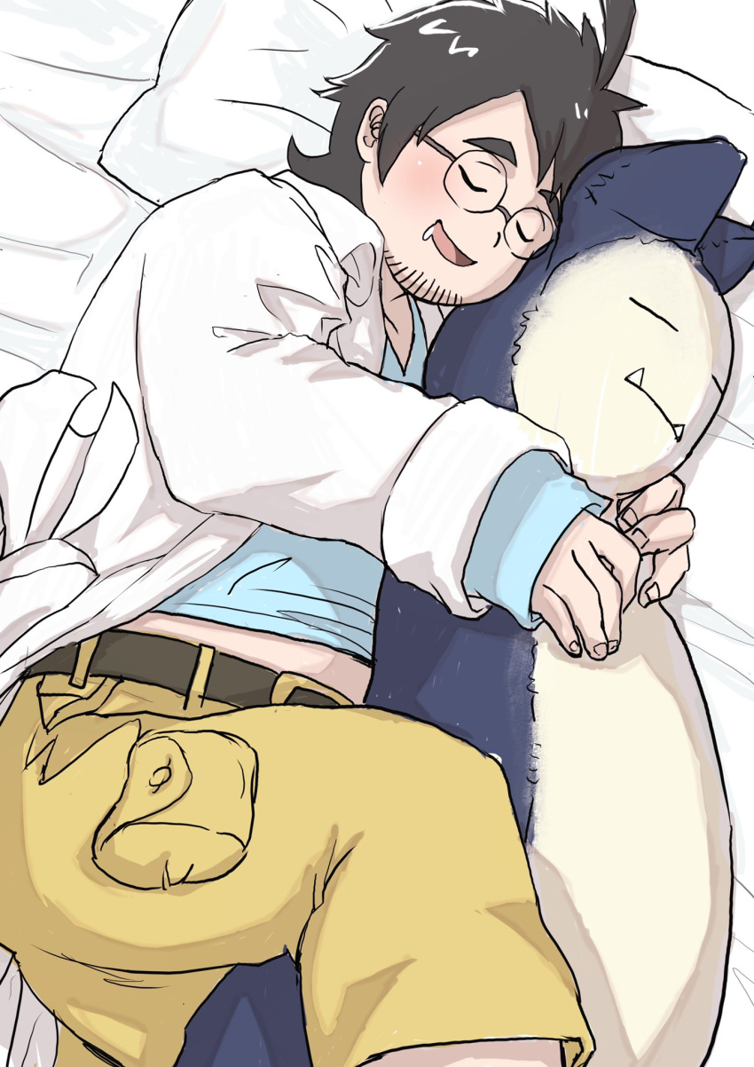 1boy bara belly blush body_pillow character_doll drooling facial_hair feet_out_of_frame grey_hair haiiro_oekaki highres labcoat lying male_focus merchandise midriff_peek mouth_drool neroli_(pokemon) on_bed on_side pillow plump pokemon pokemon_(game) pokemon_sleep round_eyewear short_hair shorts sleeping snorlax solo stubble thick_eyebrows yellow_shorts