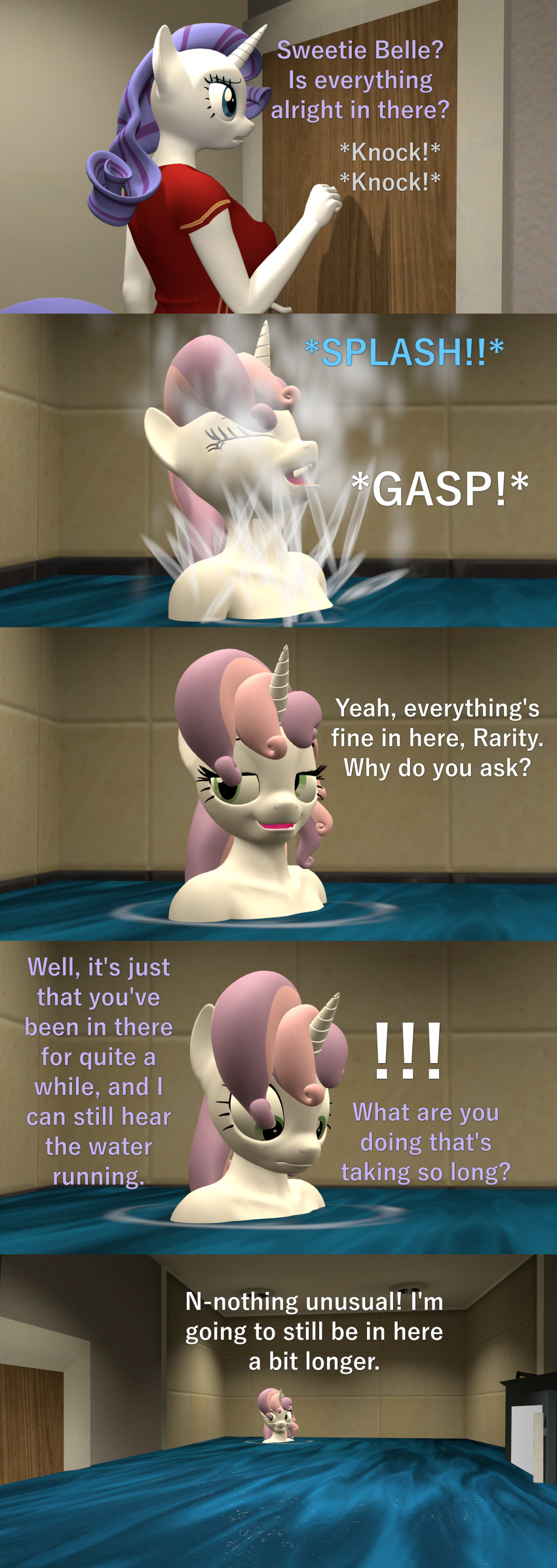 3d_(artwork) absurd_res anthro anthrofied breasts clothed clothing comic dialogue digital_media_(artwork) duo english_text equid equine female friendship_is_magic hasbro hi_res horn mammal my_little_pony nude papadragon69 partially_submerged rarity_(mlp) sibling_(lore) sister_(lore) sisters_(lore) sweetie_belle_(mlp) text unicorn water