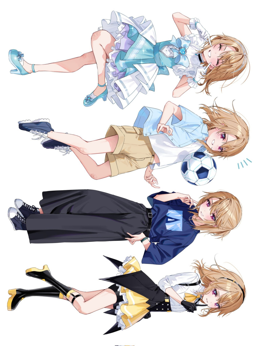 1girl ascot ball belt_buckle black_footwear black_gloves black_hairband black_pants blue_bow blue_bowtie blue_brooch blue_dress blue_footwear blue_shirt blush boots bow bowtie bracelet brooch brown_hair brown_shorts buckle chigusa_minori clenched_teeth closed_eyes collared_shirt commentary_request dress dress_shirt frilled_dress frills full_body gloves hair_between_eyes hairband half_updo hand_on_own_hip heart heart_brooch high_heels highres idol idol_clothes idolmaster idolmaster_cinderella_girls idolmaster_cinderella_girls_u149 jewelry knee_boots looking_at_viewer medium_hair midriff_peek multiple_views necklace open_clothes open_shirt overshirt pants pointing pointing_at_self purple_eyes shirt short_sleeves shorts shorts_under_skirt sideways simple_background skindentation skirt smile soccer_ball sparkle teeth tiara white_background white_gloves white_shirt yellow_ascot yellow_skirt yuuki_haru