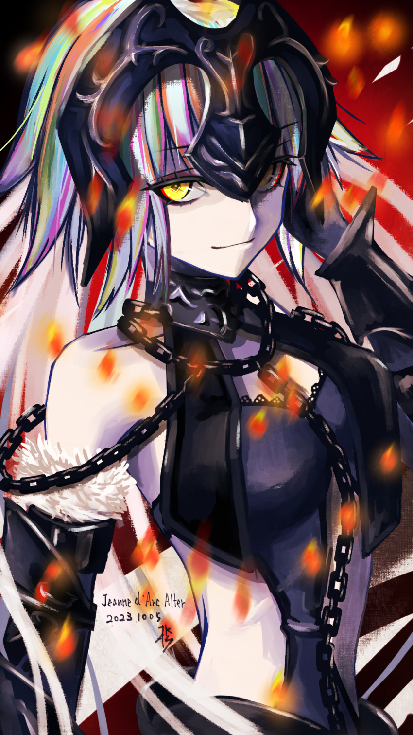 1girl bare_shoulders black_dress breasts chain character_name clothing_cutout commentary dated detached_sleeves dress fate/grand_order fate_(series) fire fur-trimmed_sleeves fur_trim gauntlets headpiece highres jeanne_d'arc_alter_(avenger)_(fate) jeanne_d'arc_alter_(avenger)_(third_ascension)_(fate) jeanne_d'arc_alter_(fate) long_hair looking_at_viewer medium_breasts pale_skin shirt smile solo tsukaasa very_long_hair white_shirt yellow_eyes