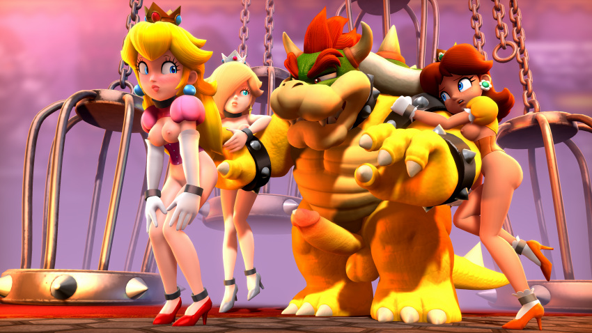 3d_(artwork) absurd_res anthro areola balls blonde_hair blue_eyes blush bottomless bowser breasts brown_hair butt clothed clothing digital_media_(artwork) female footwear genitals group hair hi_res high_heels human human_on_anthro imminent_sex interspecies koopa looking_back male male/female mammal mario_bros nintendo nipples nude onmodel3d penis princess_daisy princess_peach red_eyes rosalina_(mario) scalie smile super_mario_galaxy