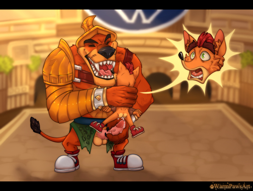 activision anthro balls bodily_fluids butt crash_bandicoot crash_bandicoot_(series) duo fur genital_fluids genitals hi_res imminent_sex male male/male nude penis precum smile tiny_tiger warmpawsart