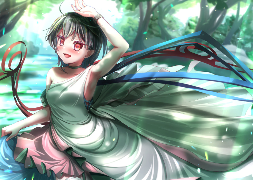 1girl ahoge alternate_costume arm_up armpits asymmetrical_wings black_hair blue_wings blush breasts commentary_request cowboy_shot day dress forest highres houjuu_nue looking_at_viewer medium_bangs medium_breasts nature open_mouth outdoors pointy_ears red_eyes red_wings short_hair single_strap smile solo toga touhou white_dress wings wristband yakkyokuya